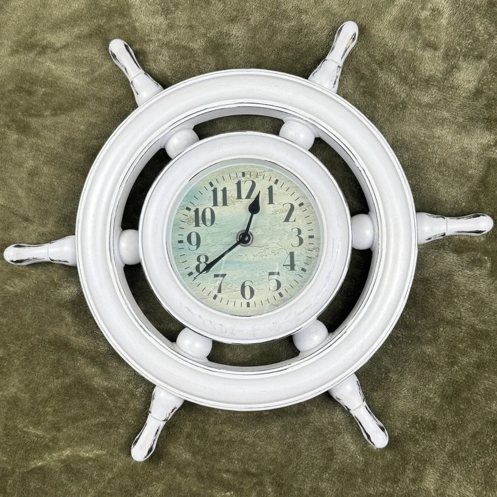 Nautical Ship Wheel Wall Clock Distressed White Coastal Decor 13 Inch Quartz